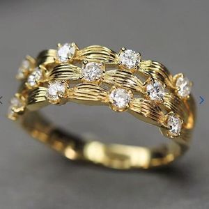 💫Yellow Gold  Plated Weaved Bezel Set CZ Diamond Band Ring